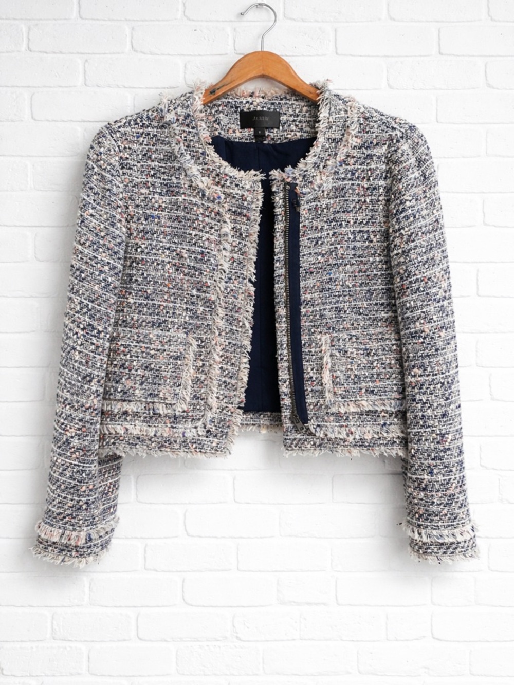 J.Crew Multicolor Tweed Lady Jacket Fringe Zip Detail Size 6